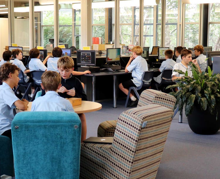 students working in library